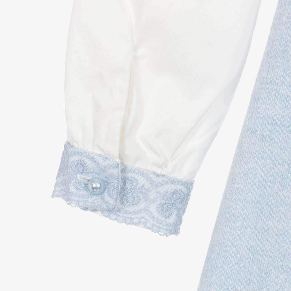 Piccola Speranza-Girls Blue Pleated Dress Set with Velvet Bow | Childrensalon
