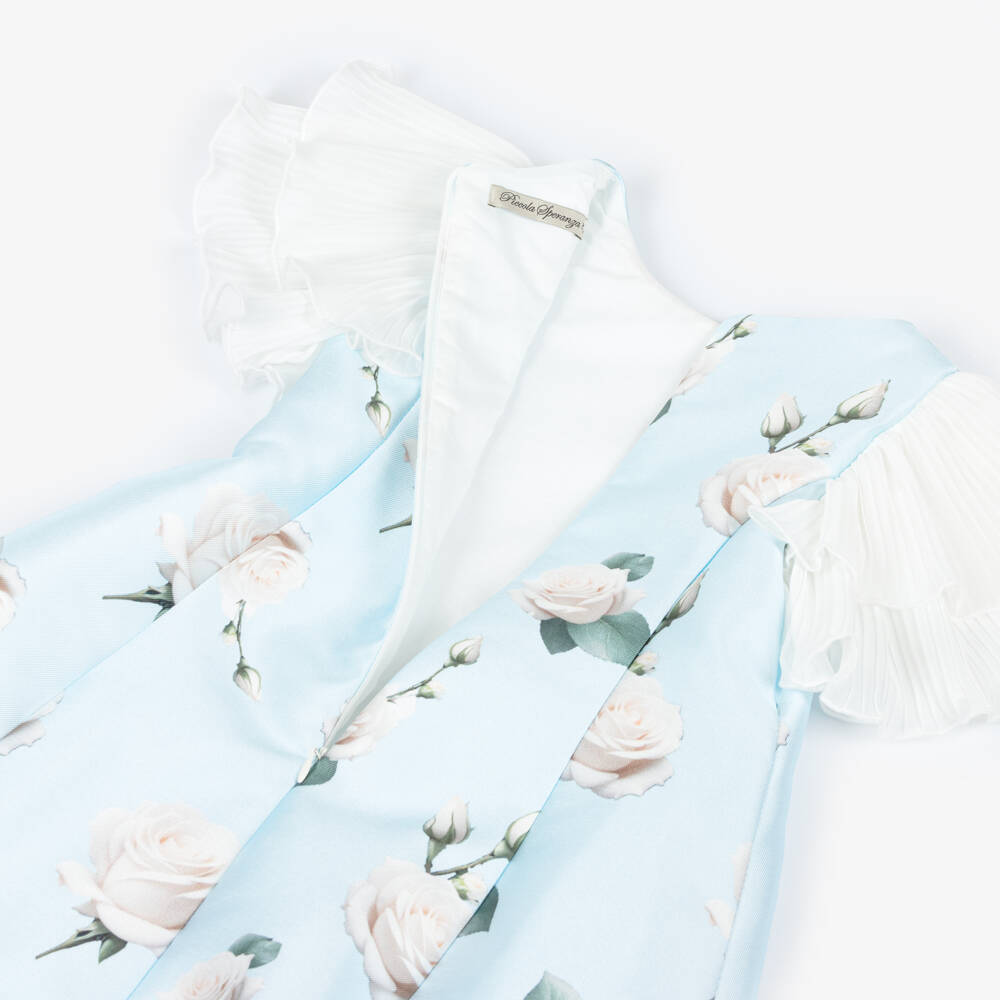 Piccola Speranza-Girls Blue Satin Twill Dress with Roses & Pleated Sleeves | Childrensalon