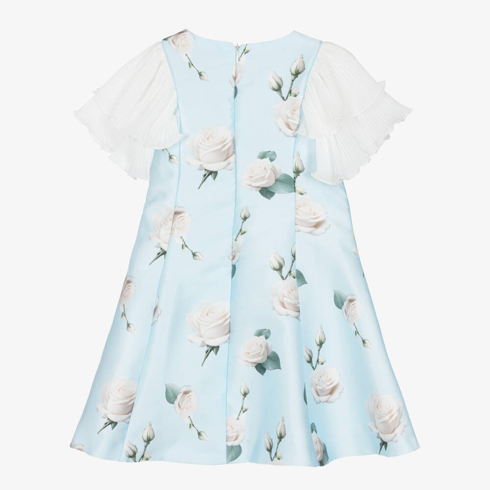 Piccola Speranza-Girls Blue Satin Twill Dress with Roses & Pleated Sleeves | Childrensalon