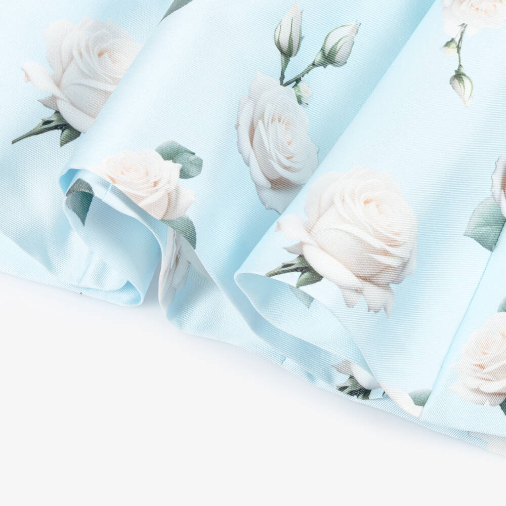 Piccola Speranza-Girls Blue Satin Twill Dress with Roses & Pleated Sleeves | Childrensalon