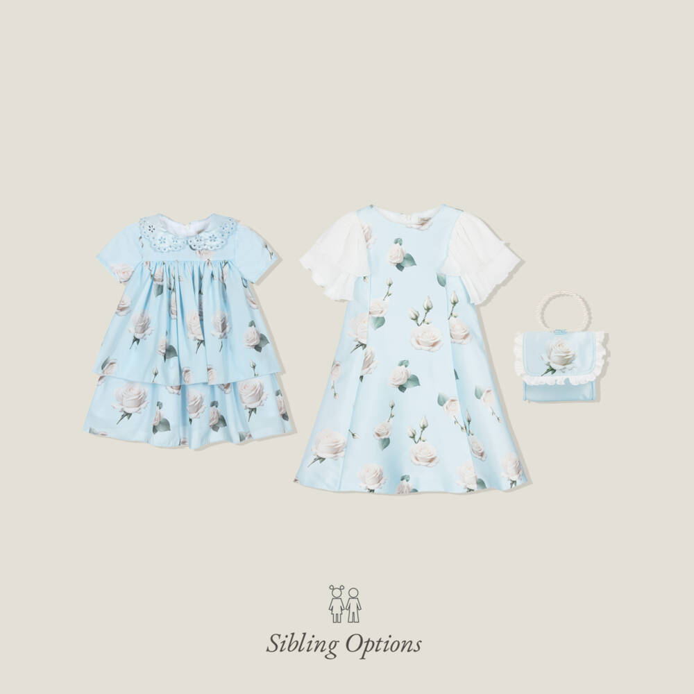 Piccola Speranza-Платье голубое из атласа с розами и рукавами плиссе для девочек | Childrensalon