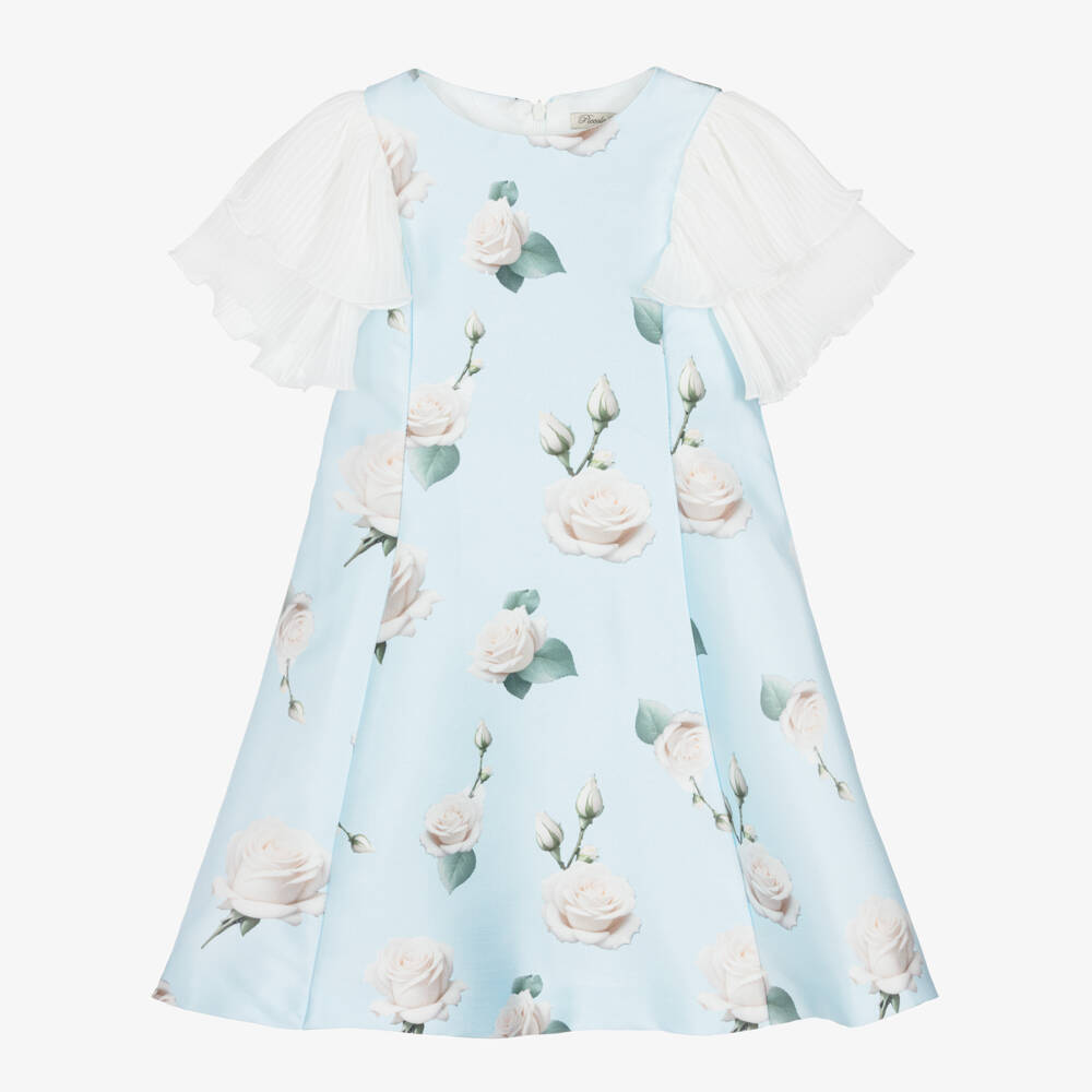 Piccola Speranza-Girls Blue Satin Twill Dress with Roses & Pleated Sleeves | Childrensalon