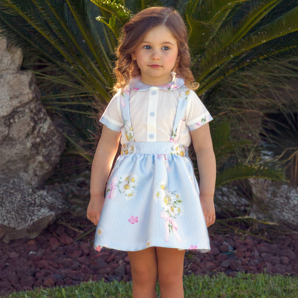 Piccola Speranza-Girls Blue Stripes & Floral Skirt Set | Childrensalon