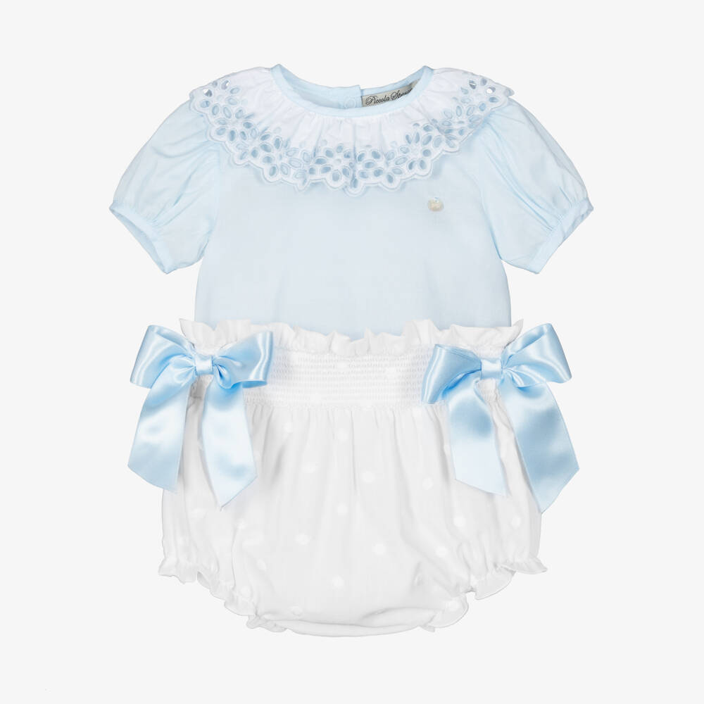 Piccola Speranza-طقم شورت قطن بفيونكات ساتان لون أبيض وأزرق للبنات | Childrensalon