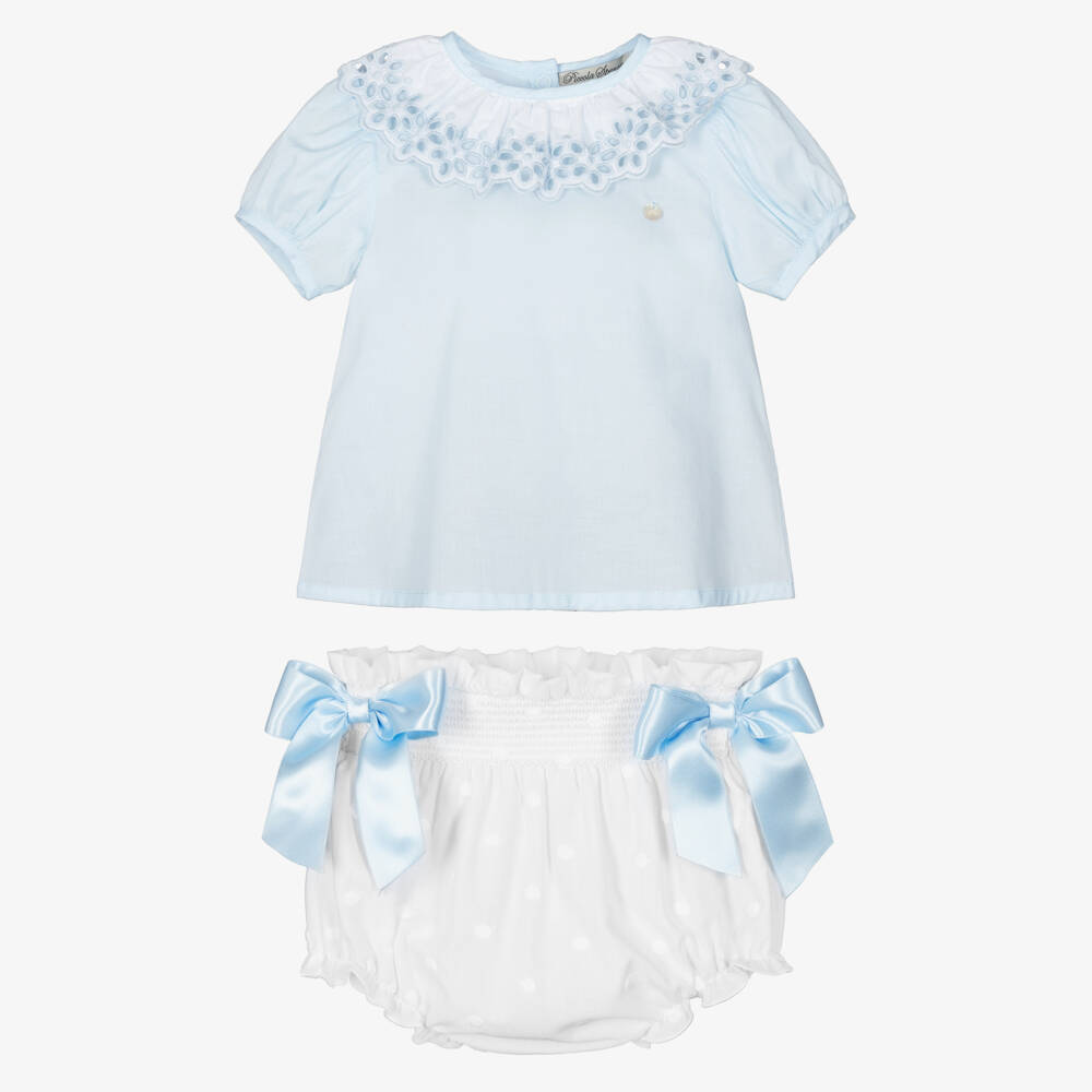 Piccola Speranza-Girls Blue & White Cotton Shorts Set with Satin Bows | Childrensalon