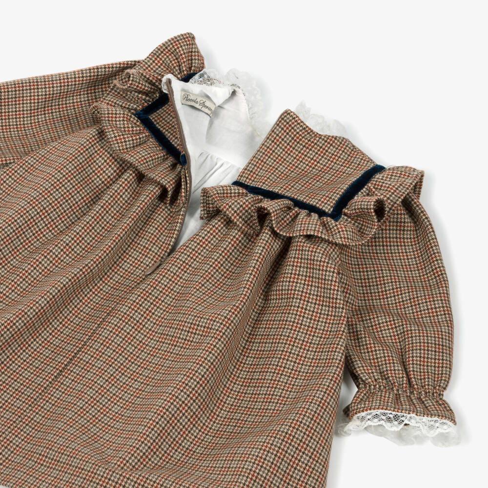 Piccola Speranza-Girls Brown Houndstooth Check Dress | Childrensalon
