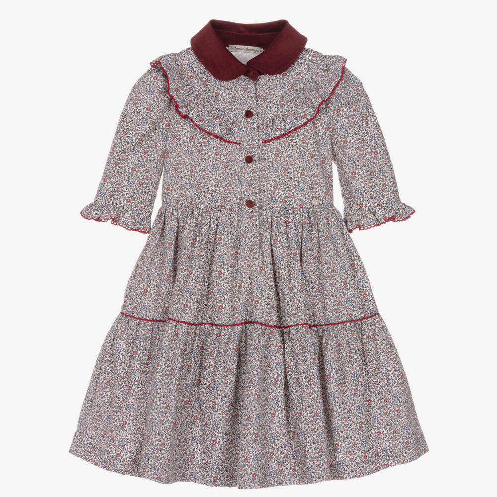Piccola Speranza-Girls Collared Dress with Burgundy Red Floral Print | Childrensalon