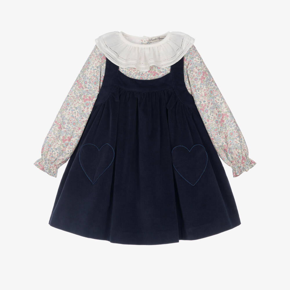 Piccola Speranza-Girls Floral Blouse & Navy Blue Needlecord Dress Set | Childrensalon