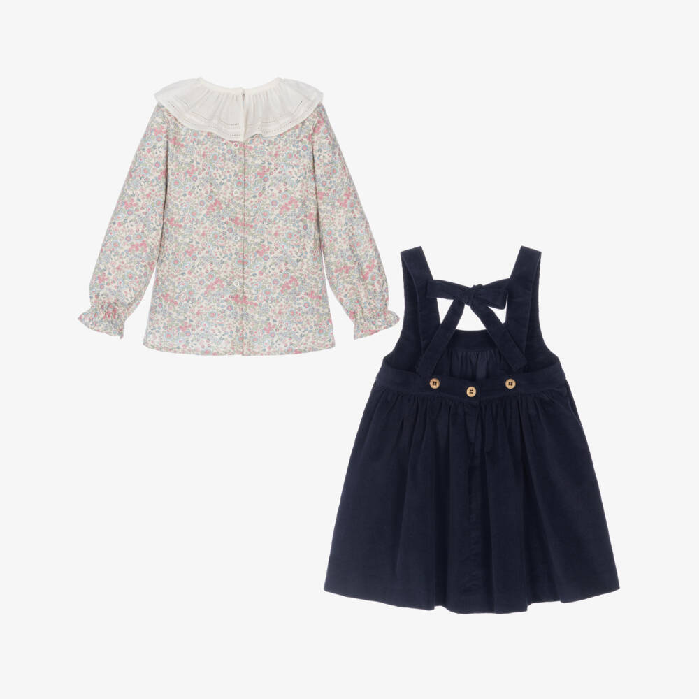 Piccola Speranza-Girls Floral Blouse & Navy Blue Needlecord Dress Set | Childrensalon
