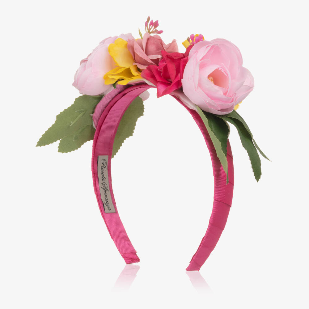 Piccola Speranza-Ободок малиновый с розовыми и жёлтыми цветами для девочек | Childrensalon