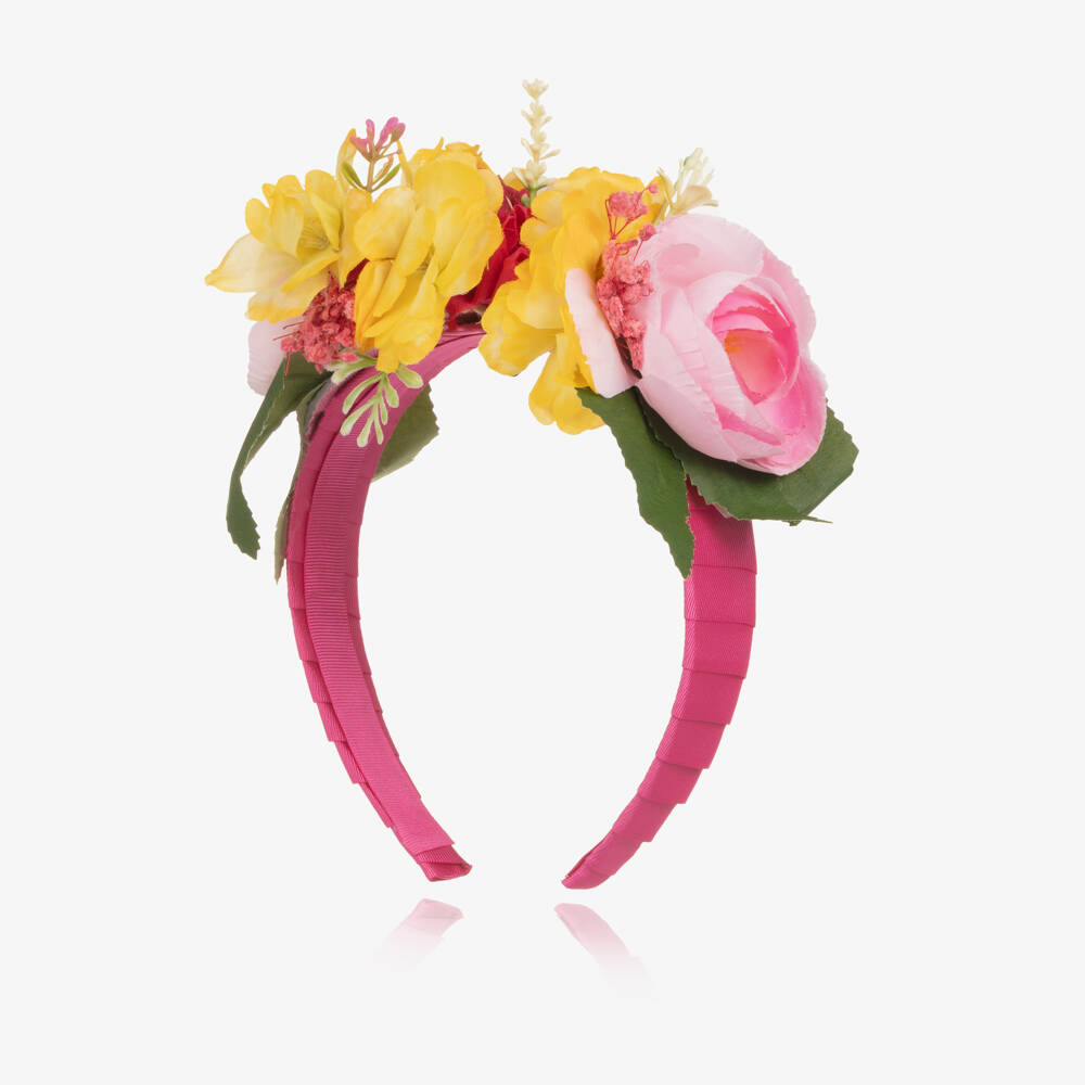 Piccola Speranza-Girls Fuchsia Pink Hairband with Pink & Yellow Flowers | Childrensalon