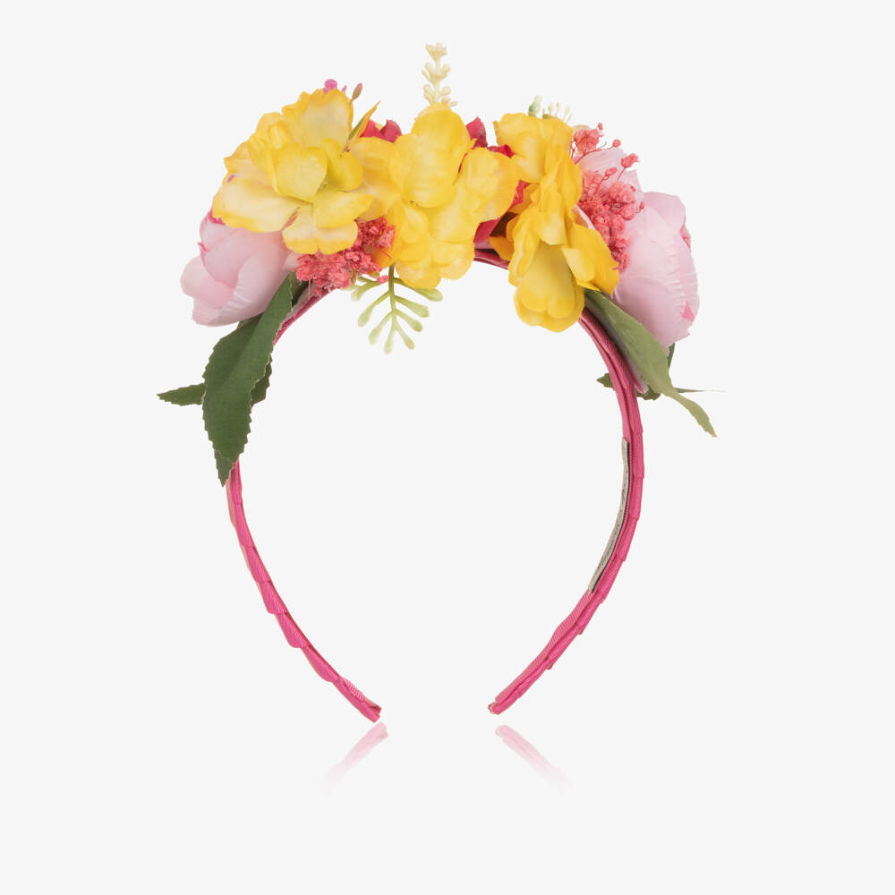 Piccola Speranza-Girls Fuchsia Pink Hairband with Pink & Yellow Flowers | Childrensalon