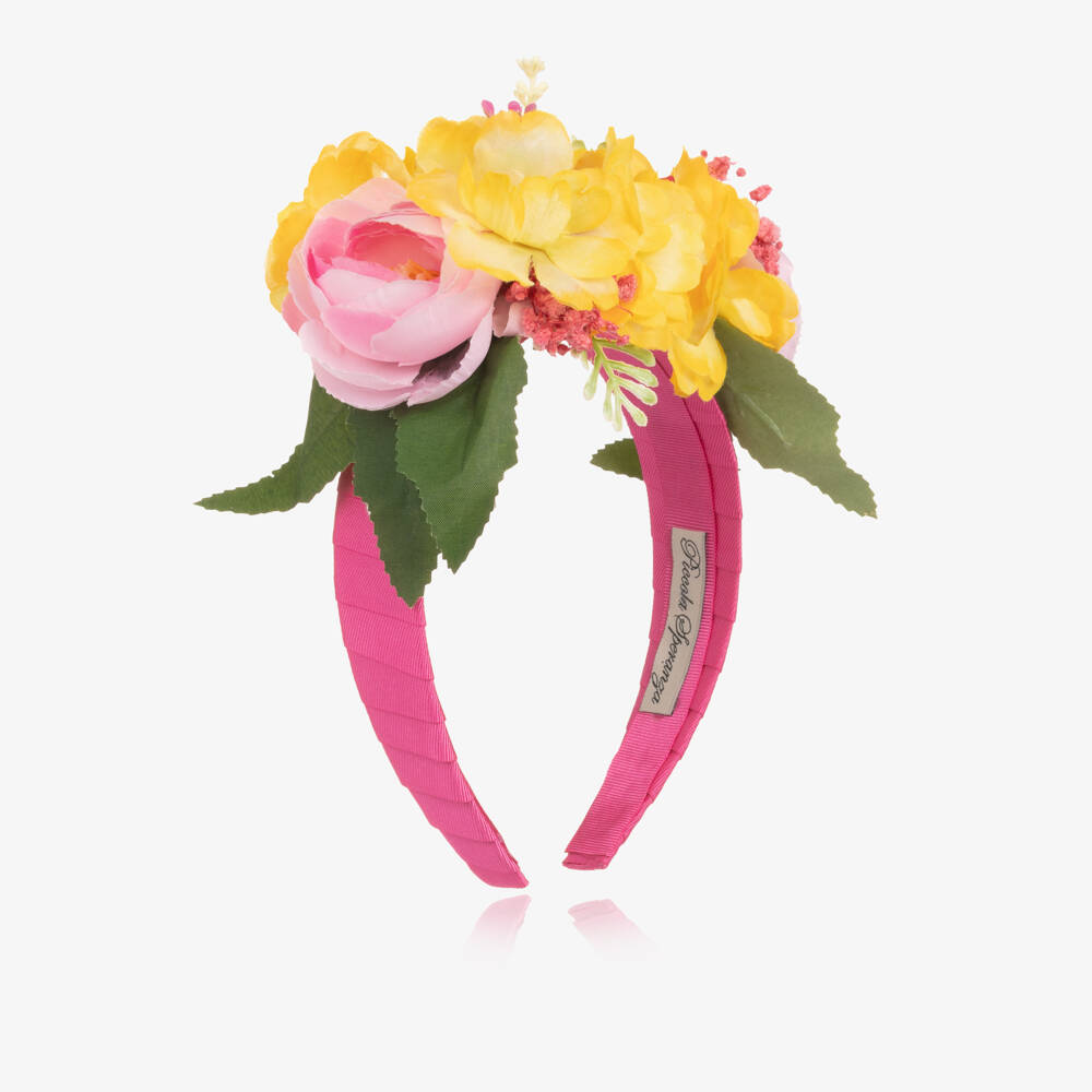 Piccola Speranza-Girls Fuchsia Pink Hairband with Pink & Yellow Flowers | Childrensalon