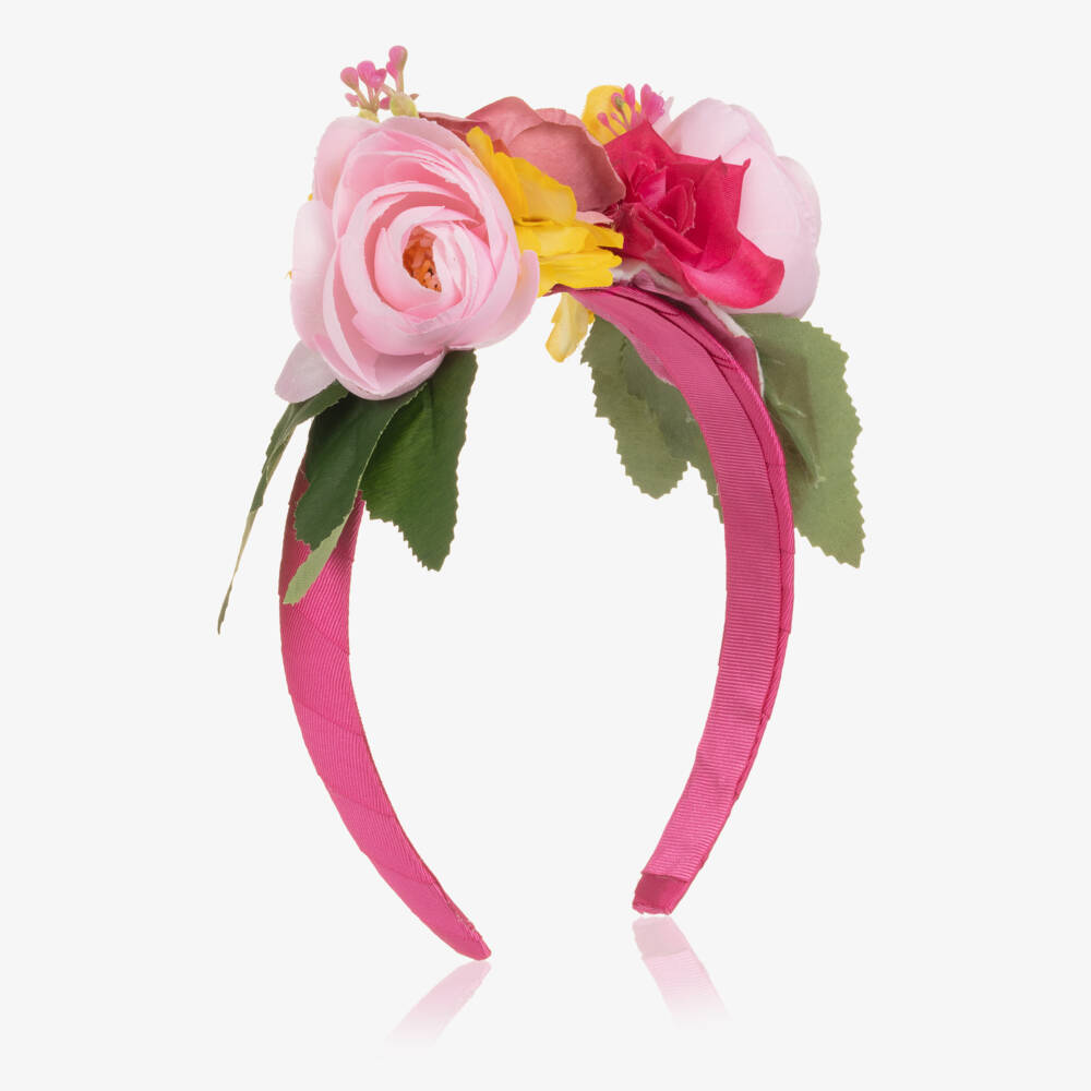 Piccola Speranza-Ободок малиновый с розовыми и жёлтыми цветами для девочек | Childrensalon