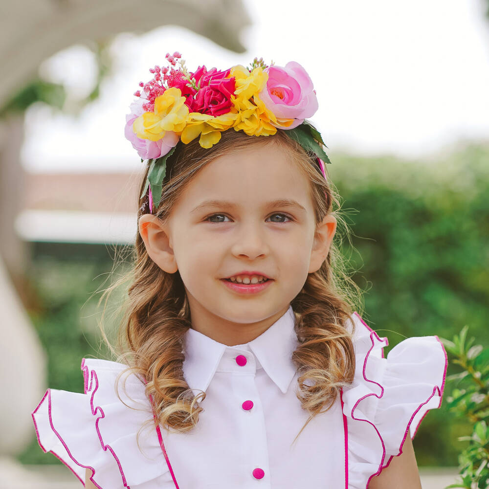 Piccola Speranza-Girls Fuchsia Pink Hairband with Pink & Yellow Flowers | Childrensalon