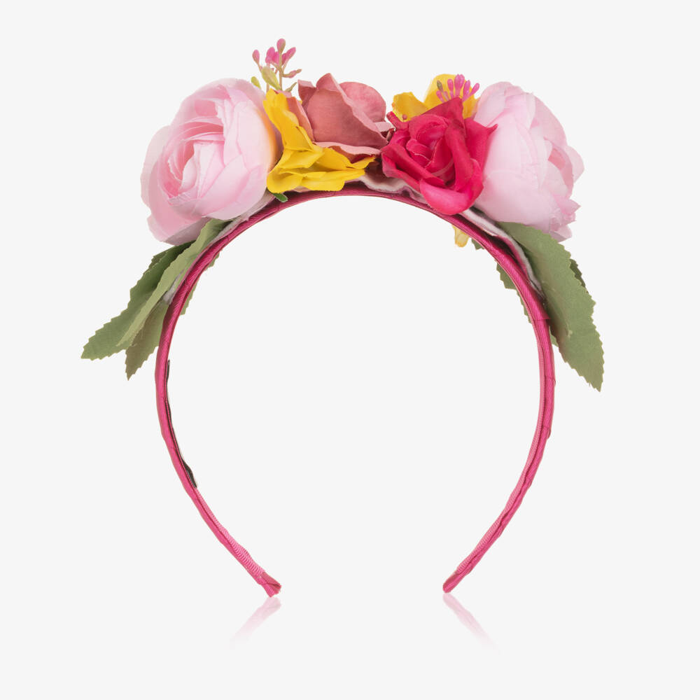 Piccola Speranza-Ободок малиновый с розовыми и жёлтыми цветами для девочек | Childrensalon