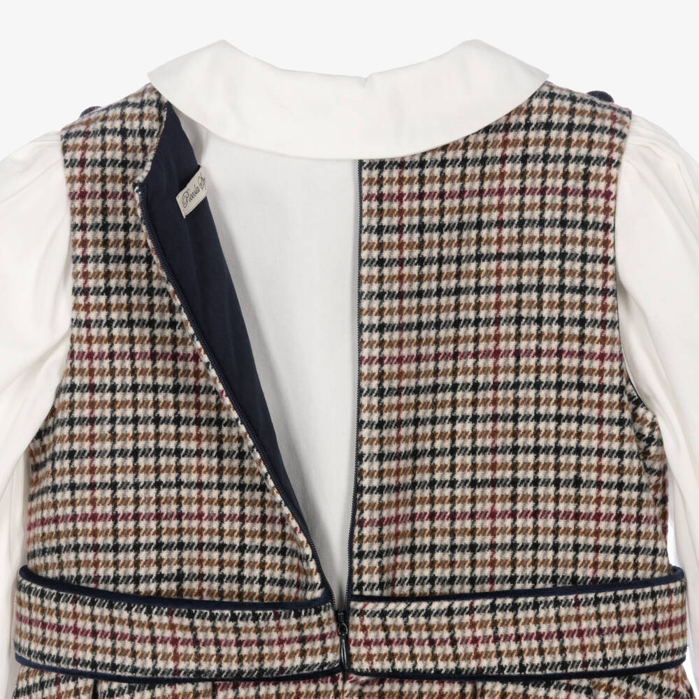 Piccola Speranza-Girls Ivory Blouse & Beige Houndstooth Dress Set | Childrensalon