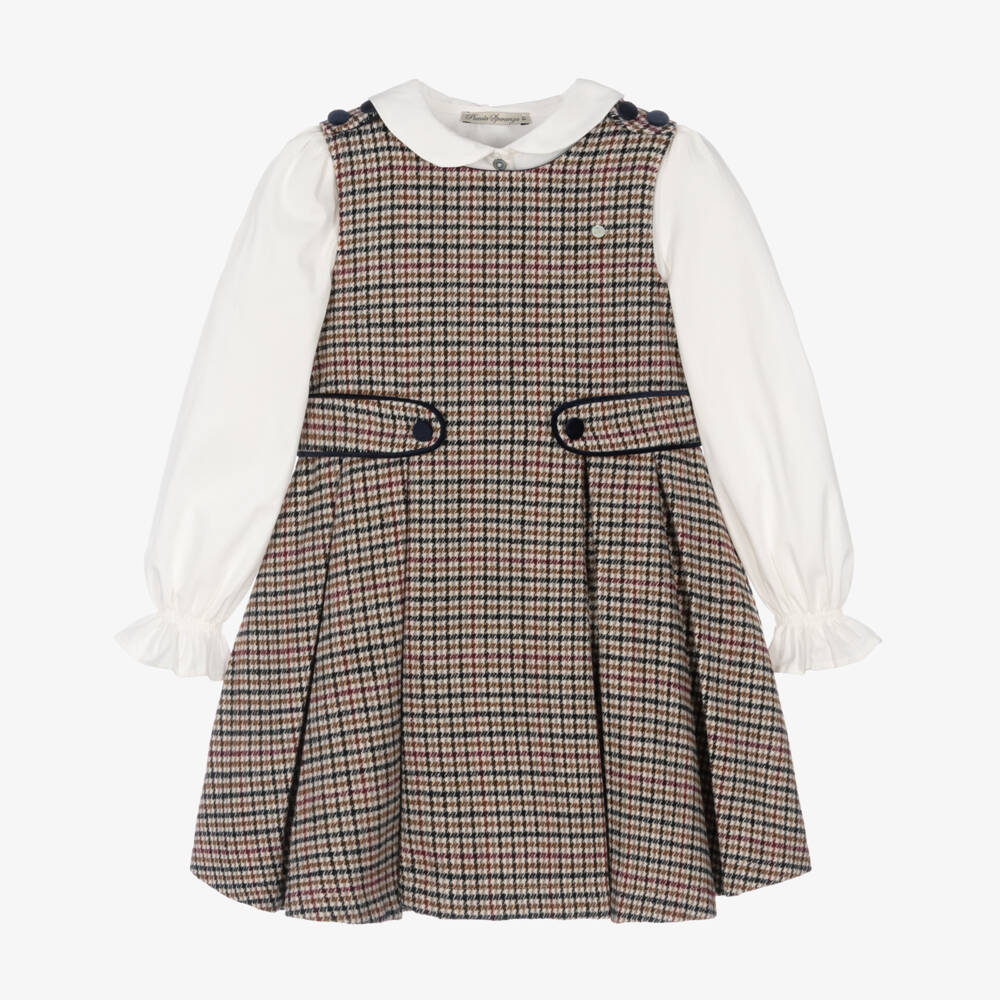 Piccola Speranza-Girls Ivory Blouse & Beige Houndstooth Dress Set | Childrensalon