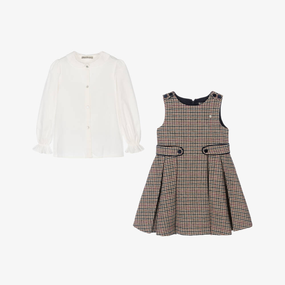Piccola Speranza-Girls Ivory Blouse & Beige Houndstooth Dress Set | Childrensalon