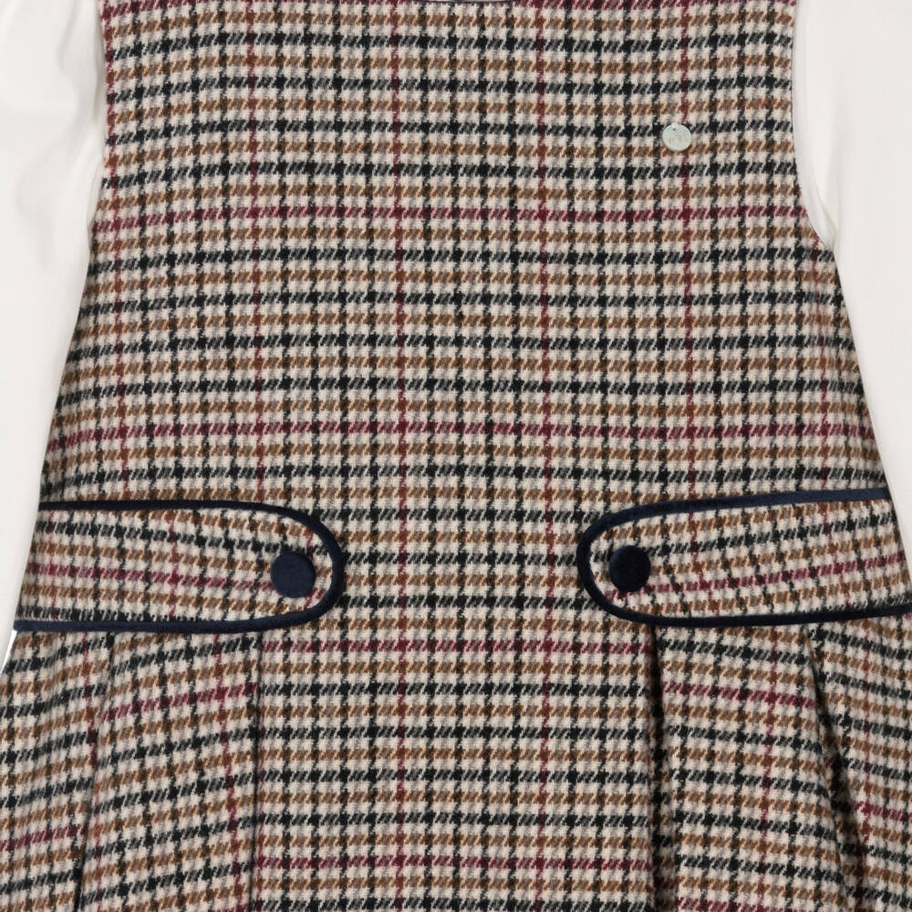 Piccola Speranza-Girls Ivory Blouse & Beige Houndstooth Dress Set | Childrensalon
