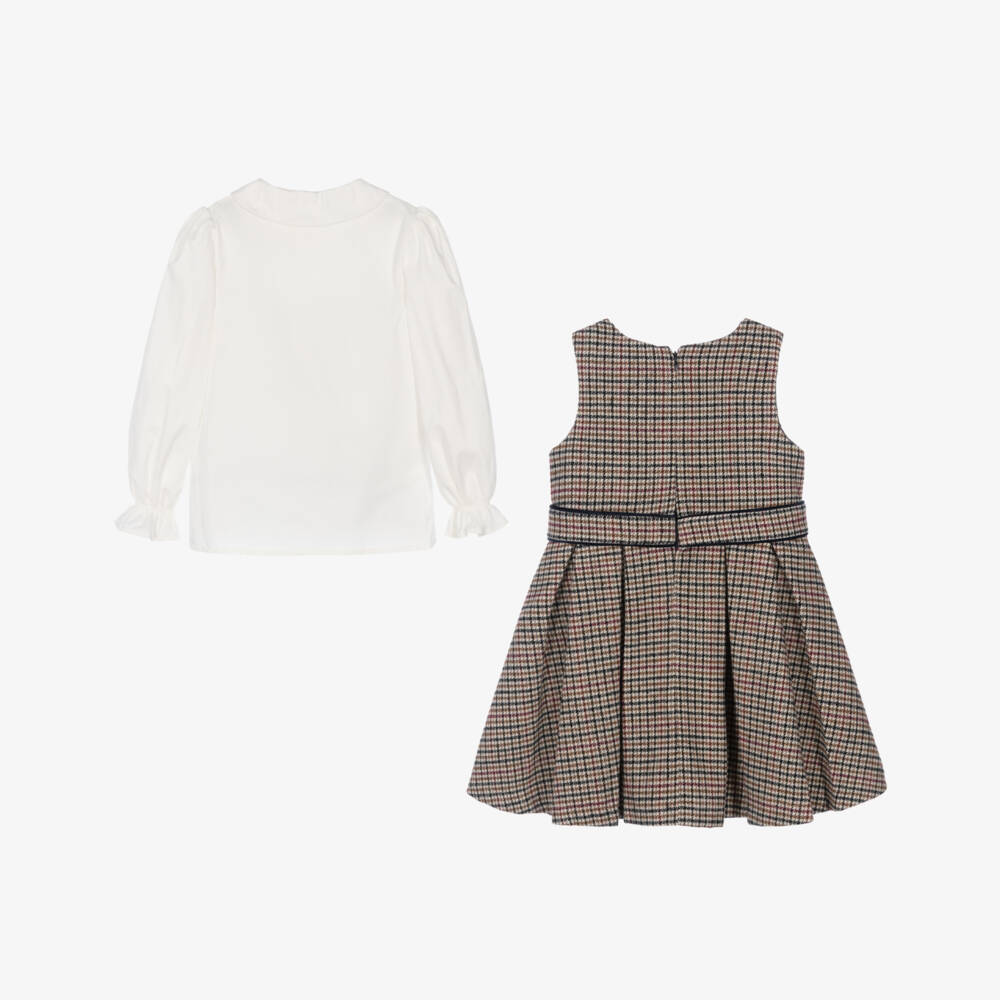 Piccola Speranza-Girls Ivory Blouse & Beige Houndstooth Dress Set | Childrensalon