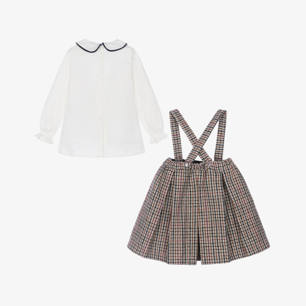 Piccola Speranza-Girls Ivory Blouse & Beige Houndstooth Skirt Set | Childrensalon
