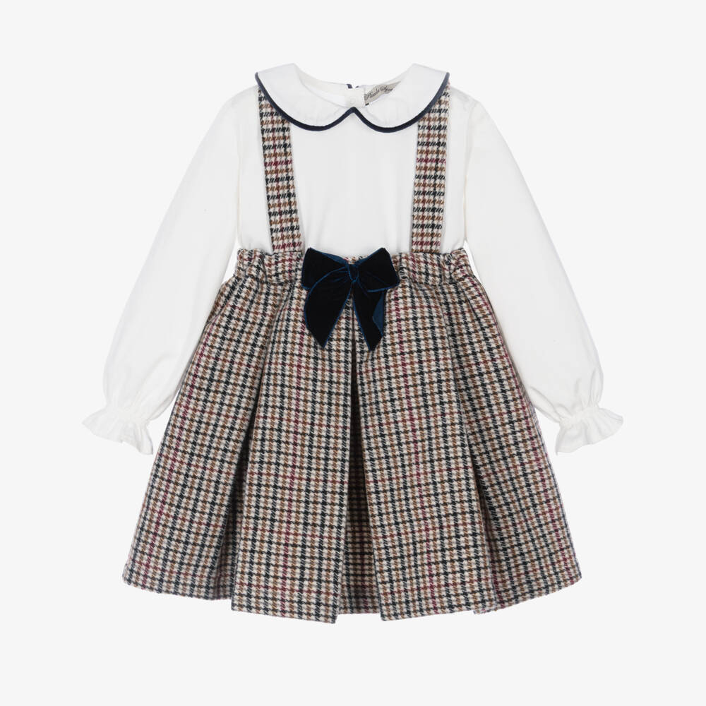 Piccola Speranza-Girls Ivory Blouse & Beige Houndstooth Skirt Set | Childrensalon