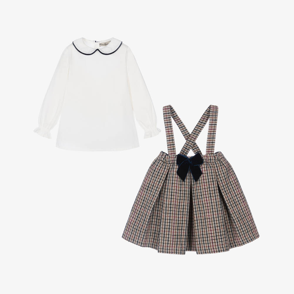 Piccola Speranza-Girls Ivory Blouse & Beige Houndstooth Skirt Set | Childrensalon