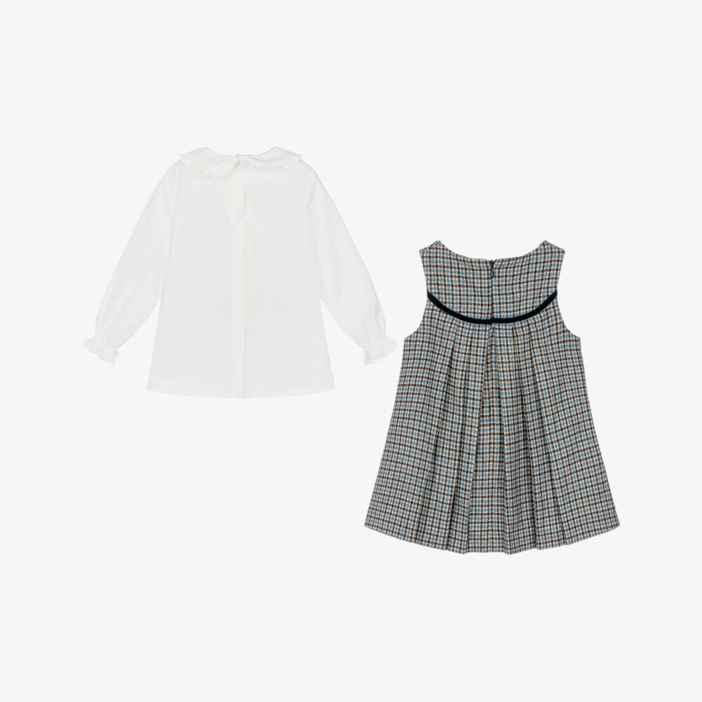 Piccola Speranza-Girls Ivory Blouse & Blue Houndstooth Dress Set | Childrensalon