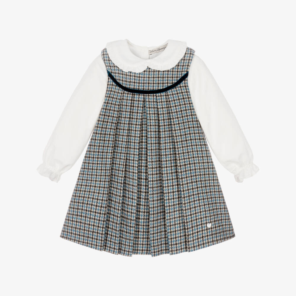 Piccola Speranza-Girls Ivory Blouse & Blue Houndstooth Dress Set | Childrensalon