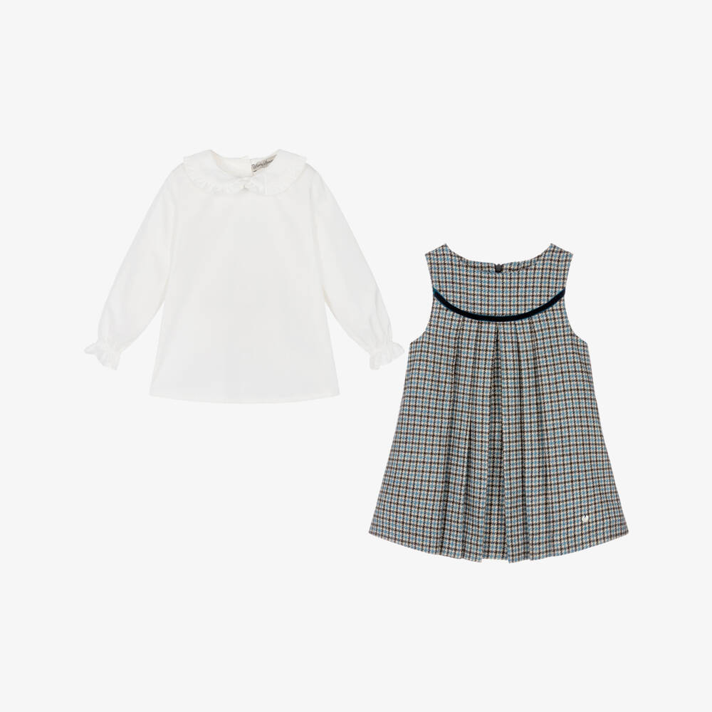 Piccola Speranza-Girls Ivory Blouse & Blue Houndstooth Dress Set | Childrensalon