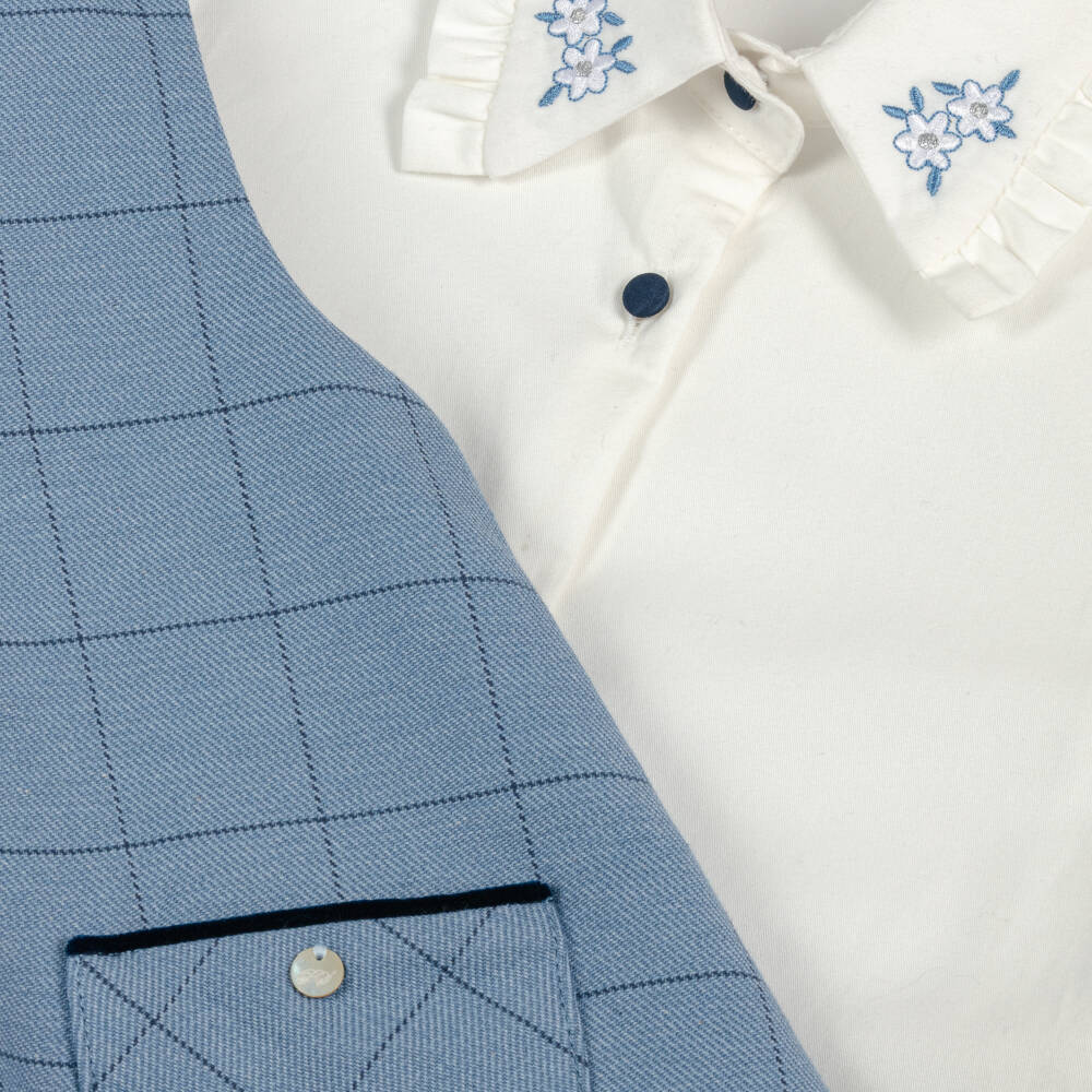 Piccola Speranza-Girls Ivory Blouse & Blue Pinafore Dress Set | Childrensalon