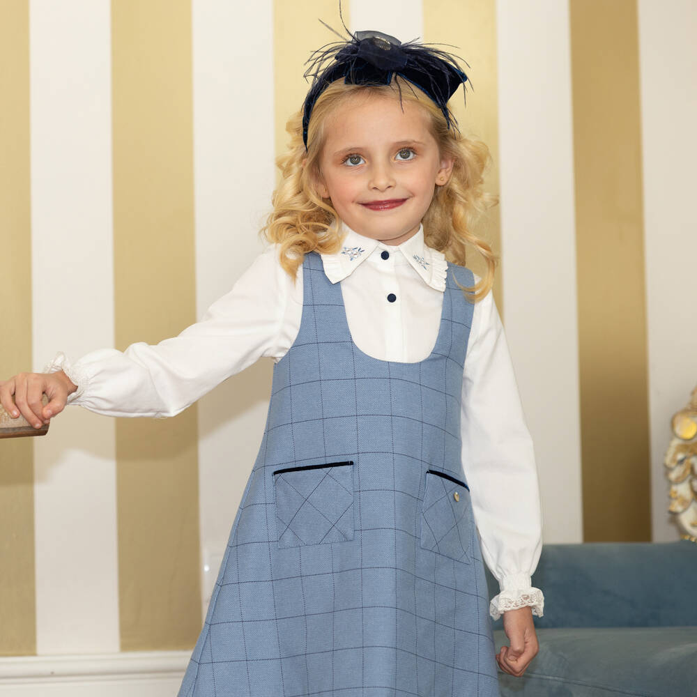 Piccola Speranza-Girls Ivory Blouse & Blue Pinafore Dress Set | Childrensalon