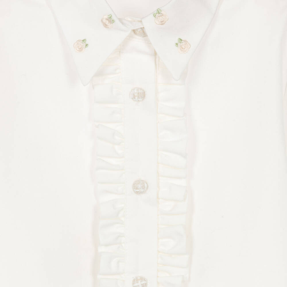 Piccola Speranza-Girls Ivory Cotton Blouse with Embroidered Collar | Childrensalon