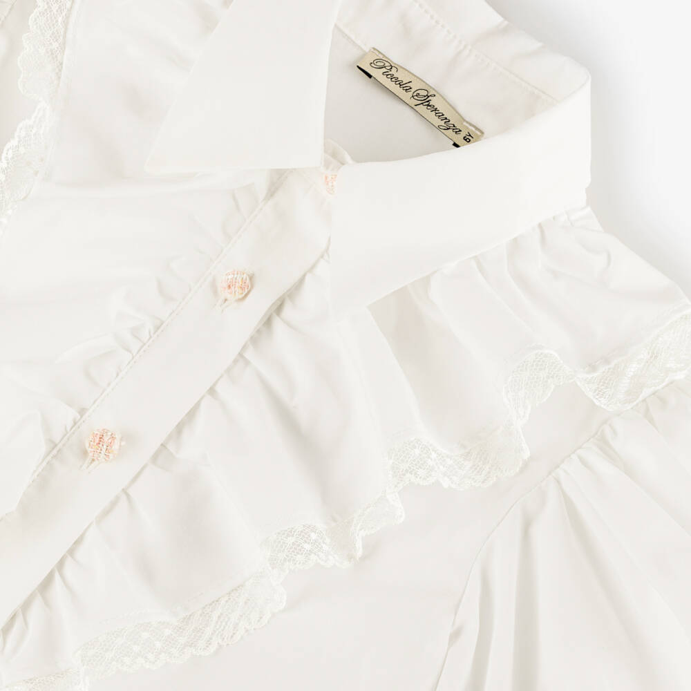 Piccola Speranza-Girls Ivory Cotton Ruffle Blouse with Pink Tweed Buttons | Childrensalon