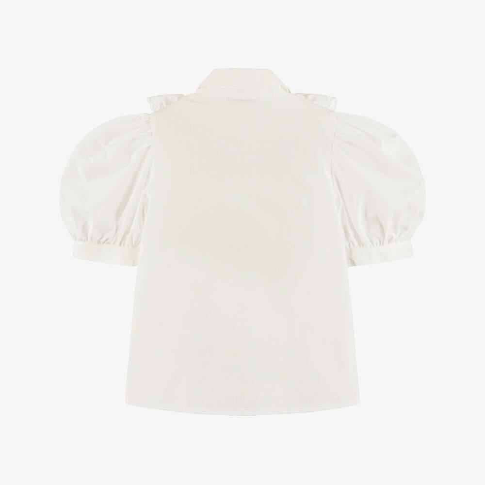 Piccola Speranza-Girls Ivory Cotton Ruffle Blouse with Pink Tweed Buttons | Childrensalon