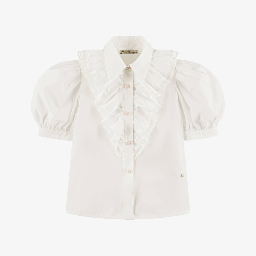 Piccola Speranza-Girls Ivory Cotton Ruffle Blouse with Pink Tweed Buttons | Childrensalon