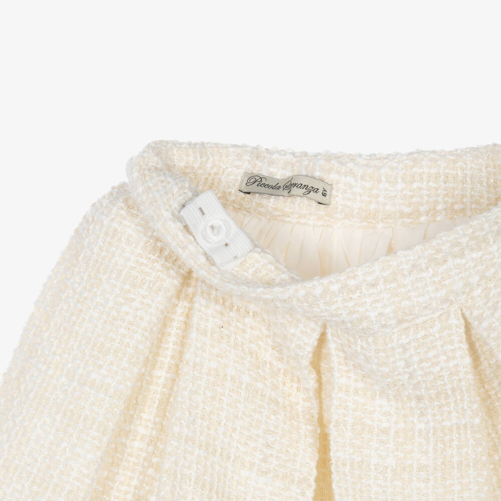 Piccola Speranza-Girls Ivory Tweed Skirt with Box Pleats | Childrensalon