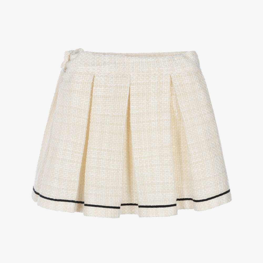 Piccola Speranza-Girls Ivory Tweed Skirt with Box Pleats | Childrensalon