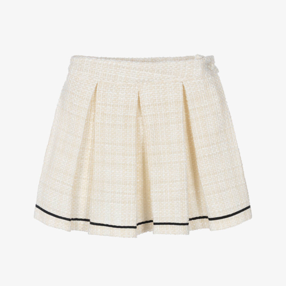 Piccola Speranza-Girls Ivory Tweed Skirt with Box Pleats | Childrensalon