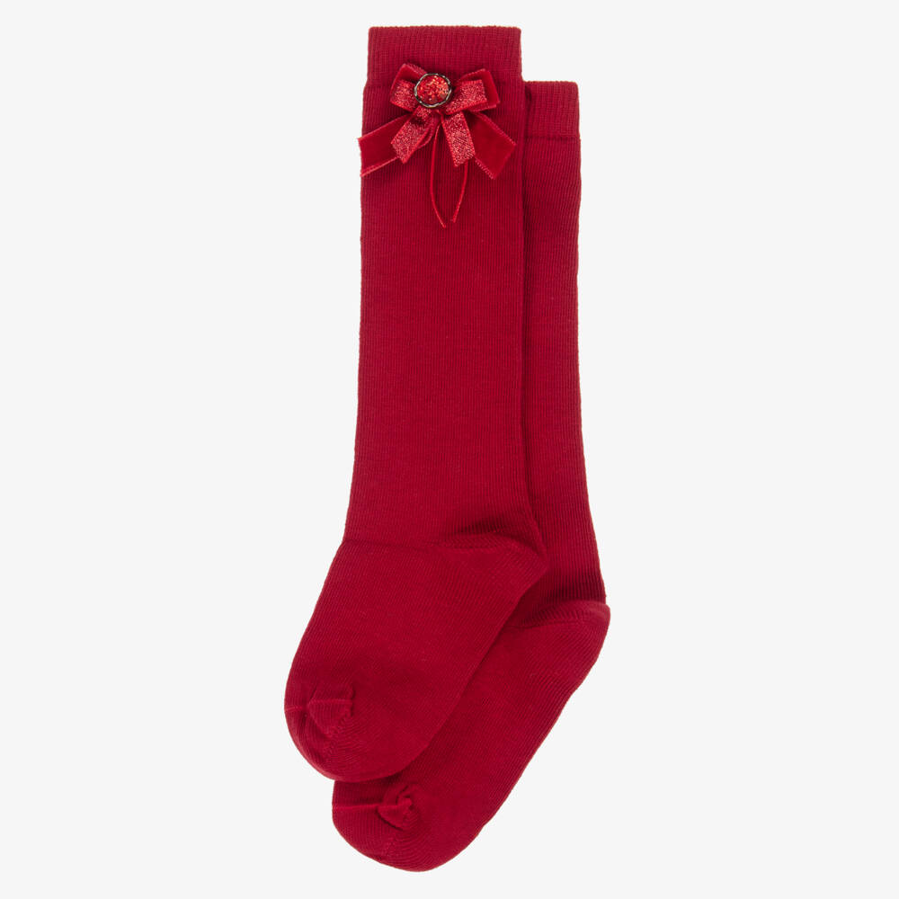 Piccola Speranza-Girls Long Red Cotton Socks with Velvet Bows | Childrensalon