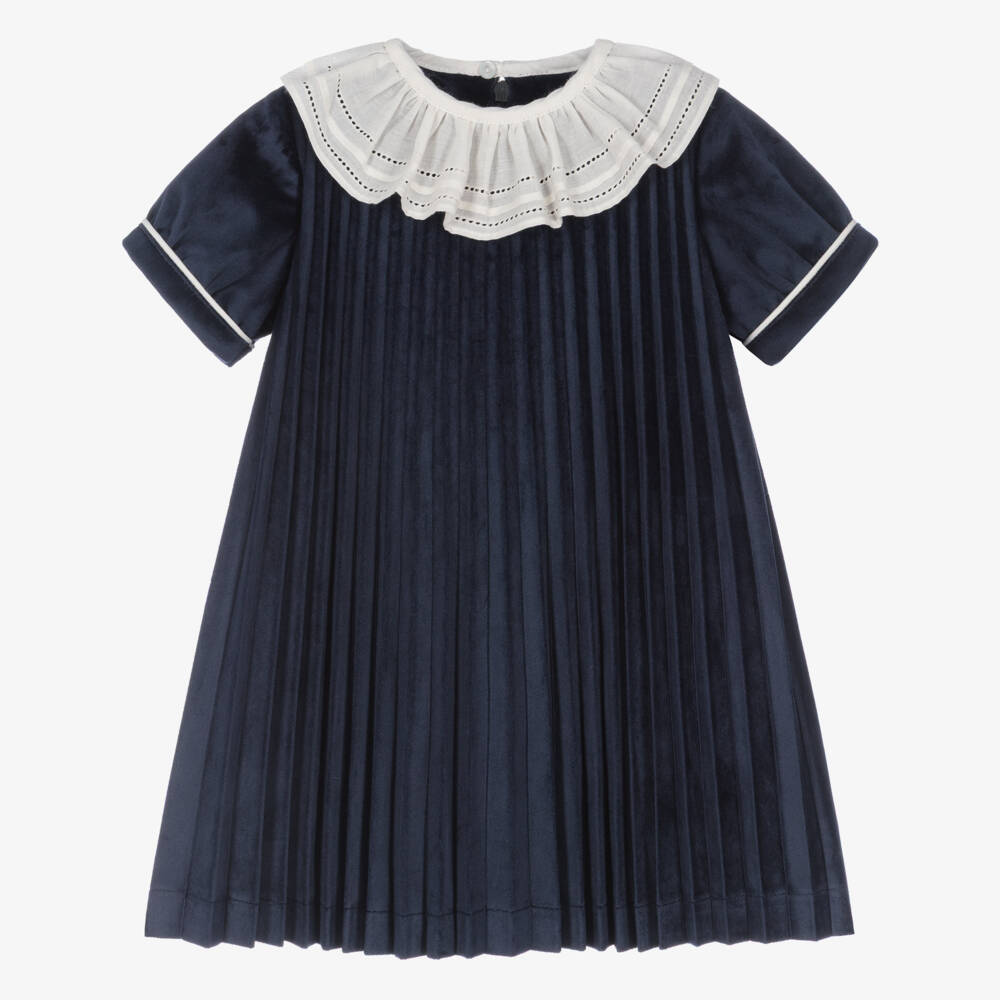 Piccola Speranza-Girls Navy Blue Pleated Velvet Dress with Ruffle Collar | Childrensalon
