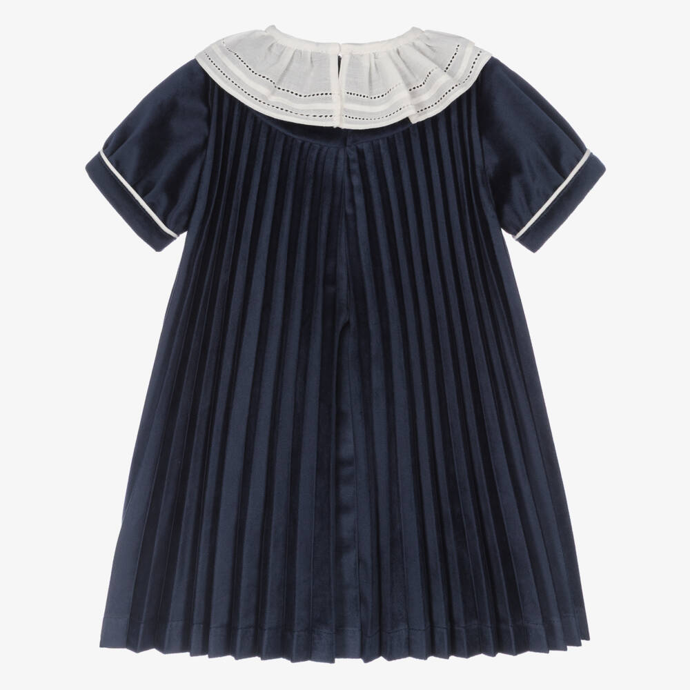Piccola Speranza-Girls Navy Blue Pleated Velvet Dress with Ruffle Collar | Childrensalon