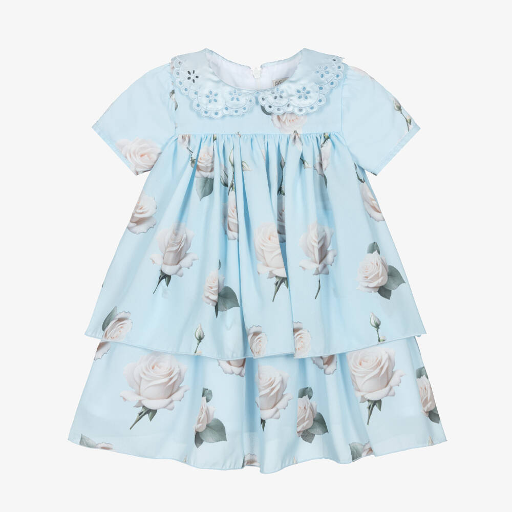 Piccola Speranza-Girls Pale Blue Crêpe Chiffon Dress with White Roses | Childrensalon