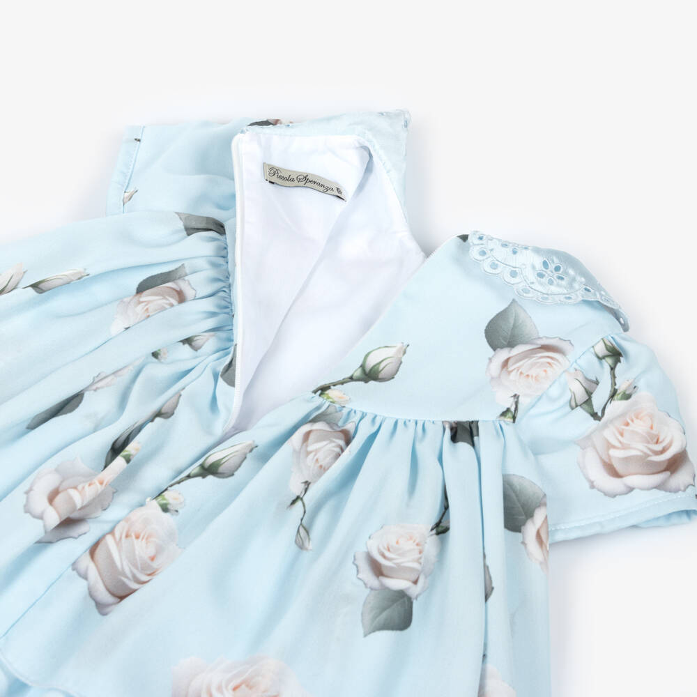 Piccola Speranza-Girls Pale Blue Crêpe Chiffon Dress with White Roses | Childrensalon