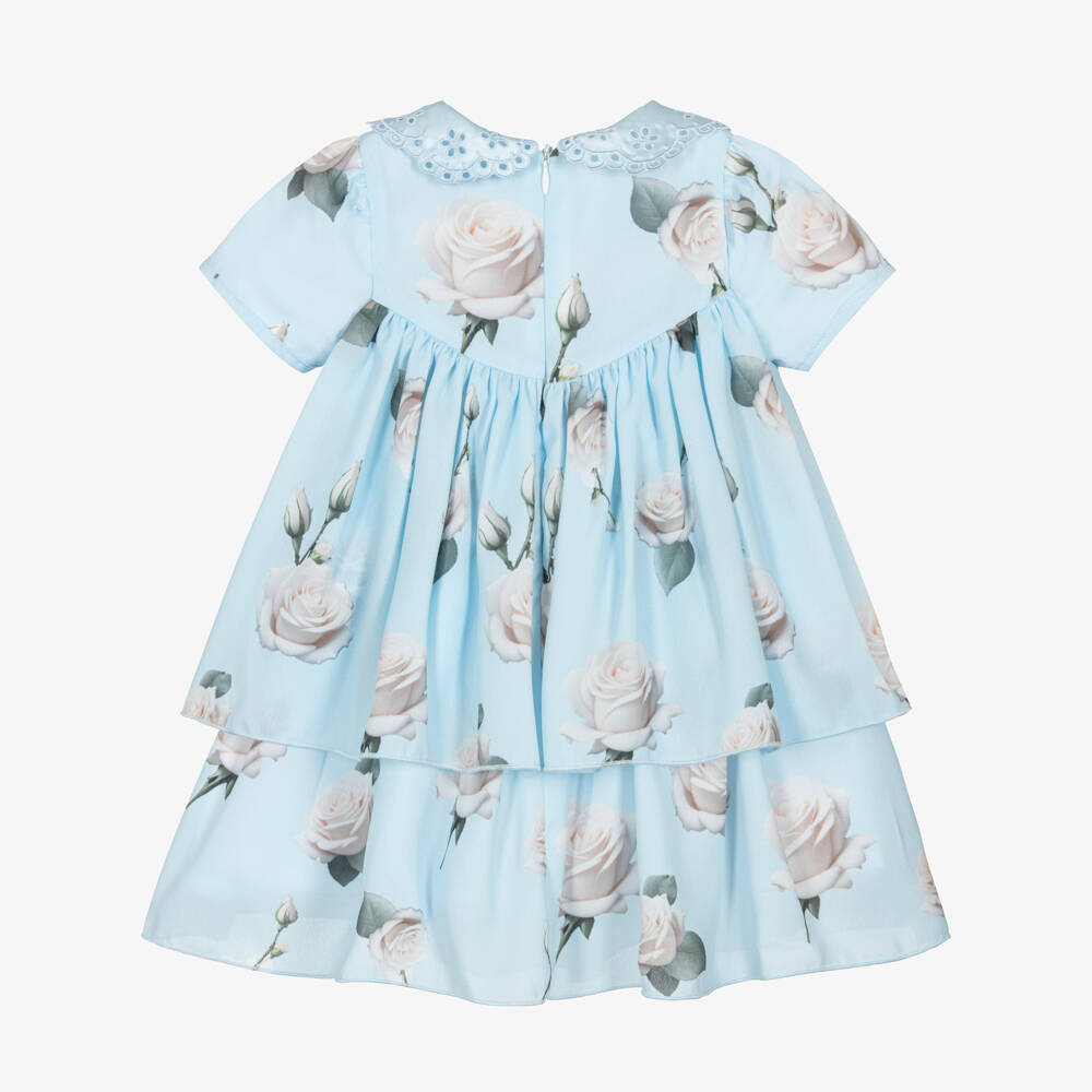 Piccola Speranza-Girls Pale Blue Crêpe Chiffon Dress with White Roses | Childrensalon