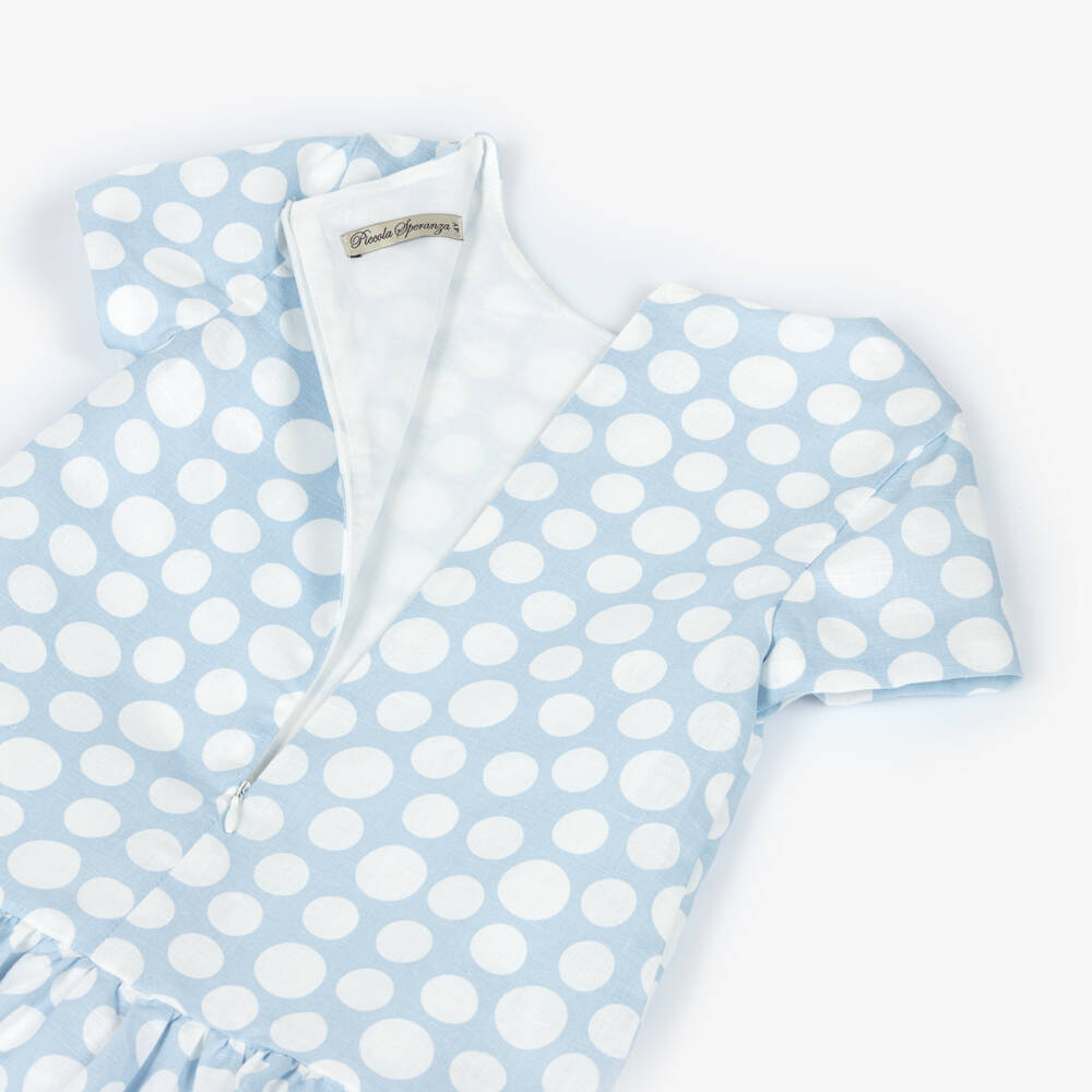 Piccola Speranza-Girls Pale Blue Linen & Cotton Dress with White Polka Dots | Childrensalon