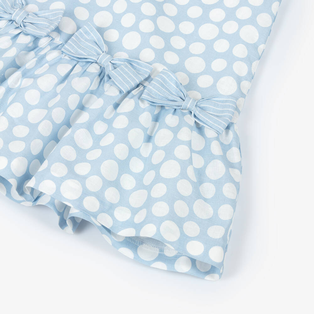 Piccola Speranza-Girls Pale Blue Linen & Cotton Dress with White Polka Dots | Childrensalon