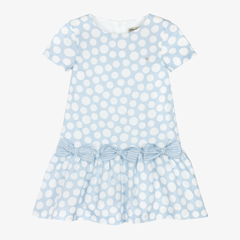 Piccola Speranza-Girls Pale Blue Linen & Cotton Dress with White Polka Dots | Childrensalon