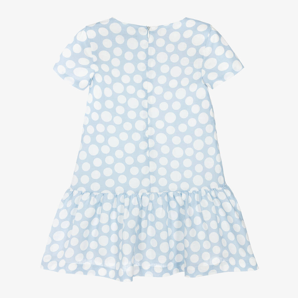 Piccola Speranza-Girls Pale Blue Linen & Cotton Dress with White Polka Dots | Childrensalon